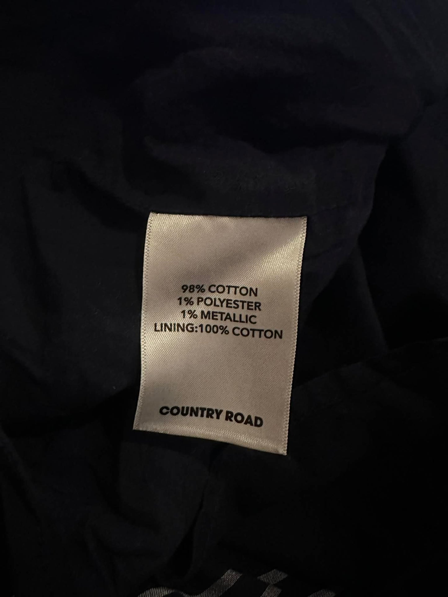 Country Road fabric composition label 98% cotton 1% polyester 1% metallic lining 100% cotton