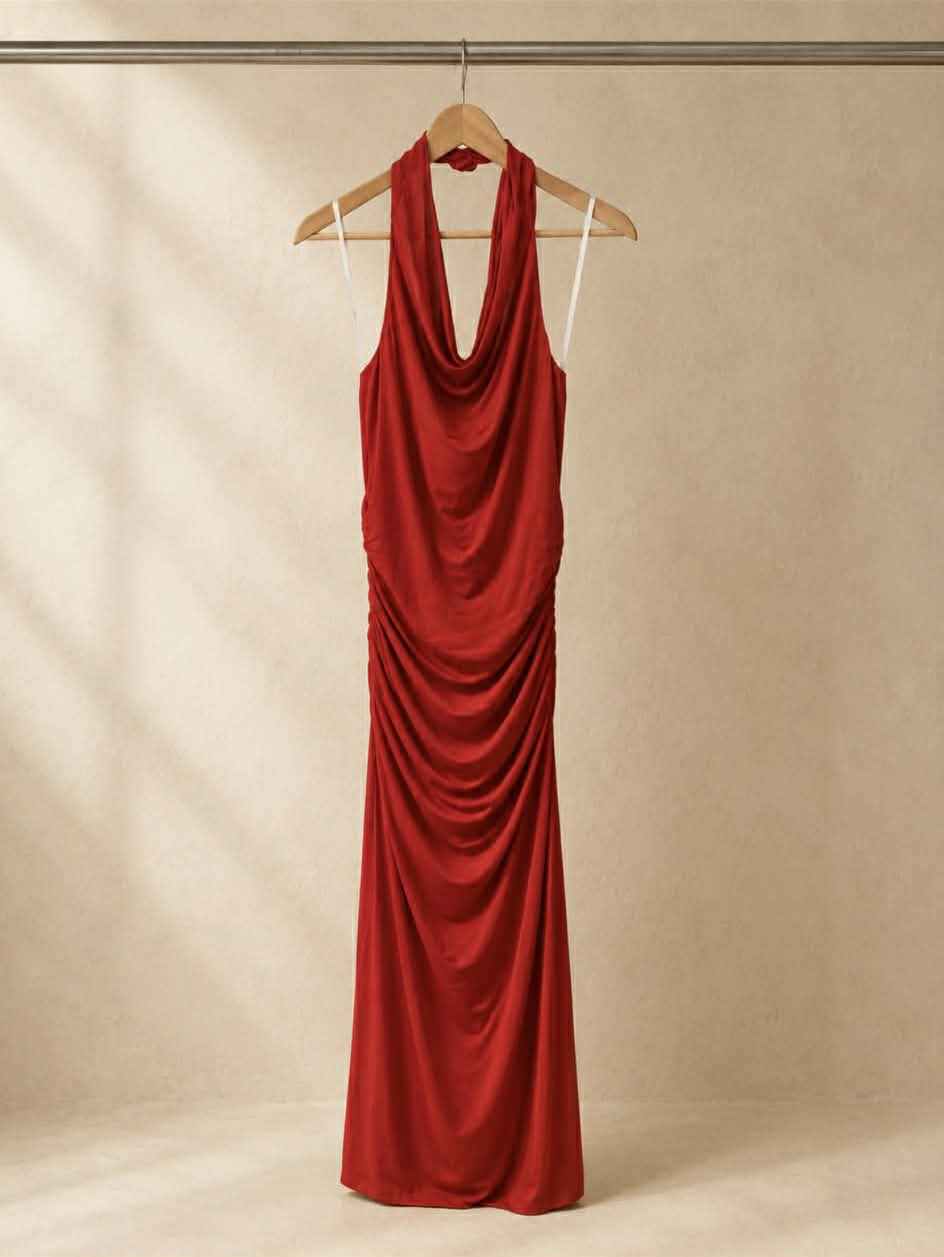Mossman Red Halter Neck Cowl Maxi Dress — Size 12