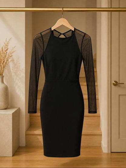 Kookai black mesh-sleeve open-back bodycon dress front view on hanger