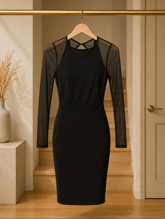 Kookai black mesh-sleeve open-back bodycon dress front view on hanger