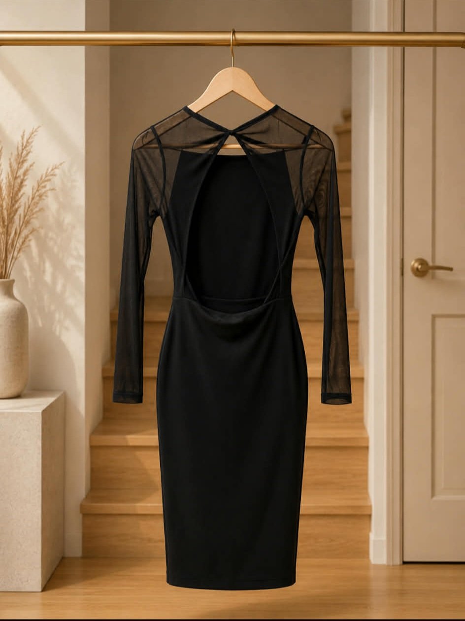 Kookai black mesh-sleeve open-back bodycon dress back view showing open back and cross-strap detail