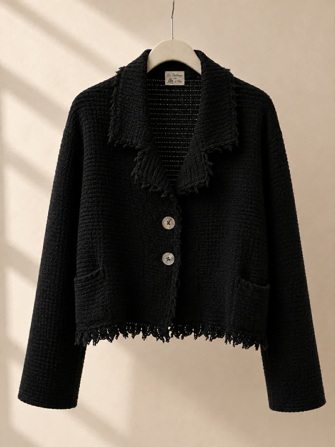 La Bottega di Brunella frayed tweed jacket front view on hanger