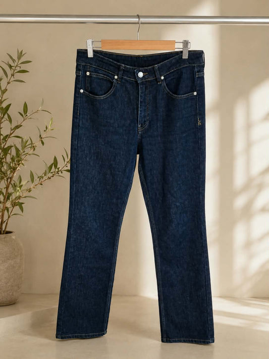 Dark indigo straight-leg jeans, front view