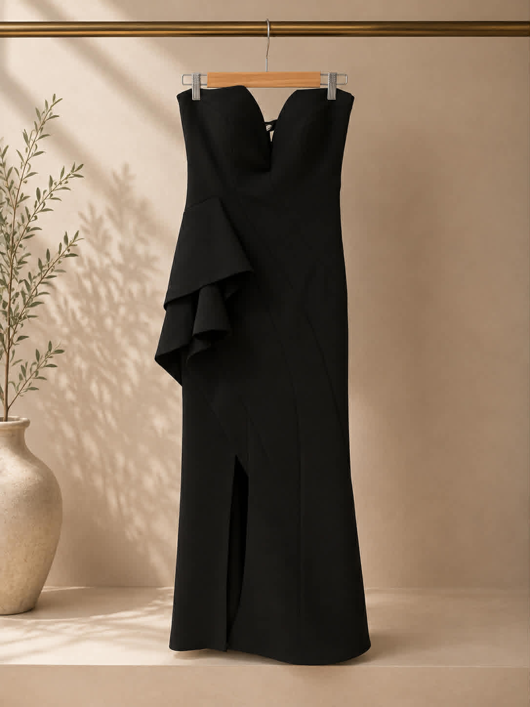 Sheike Black Strapless Ruffle Midi Dress – Size 10