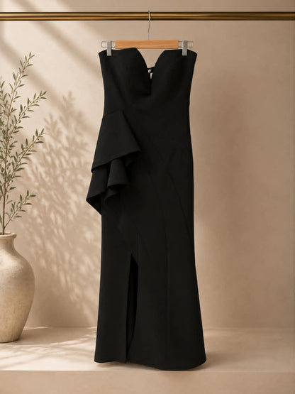 Sheike Black Strapless Ruffle Midi Dress – Size 10