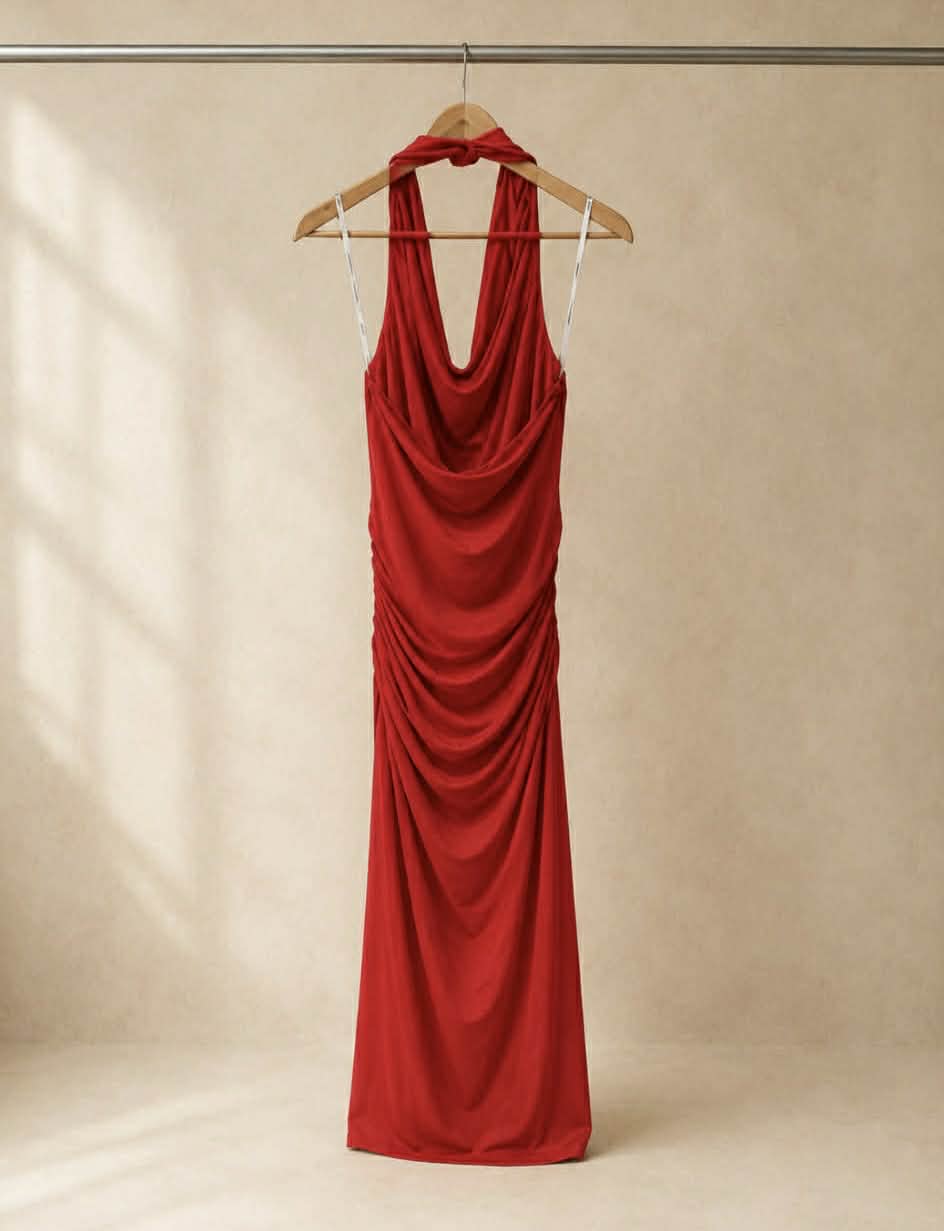 Mossman Red Halter Neck Cowl Maxi Dress — Size 12