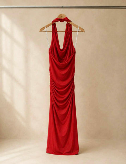 Mossman Red Halter Neck Cowl Maxi Dress — Size 12