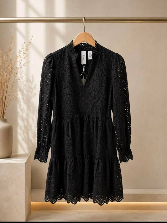 Y.A.S black broderie anglaise mini dress front view on hanger