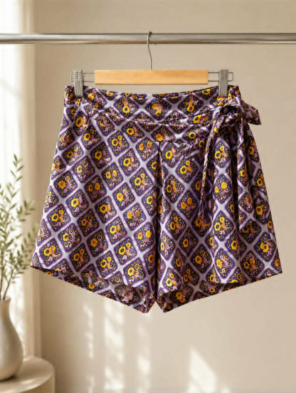 Country Road printed shorts front view on hanger