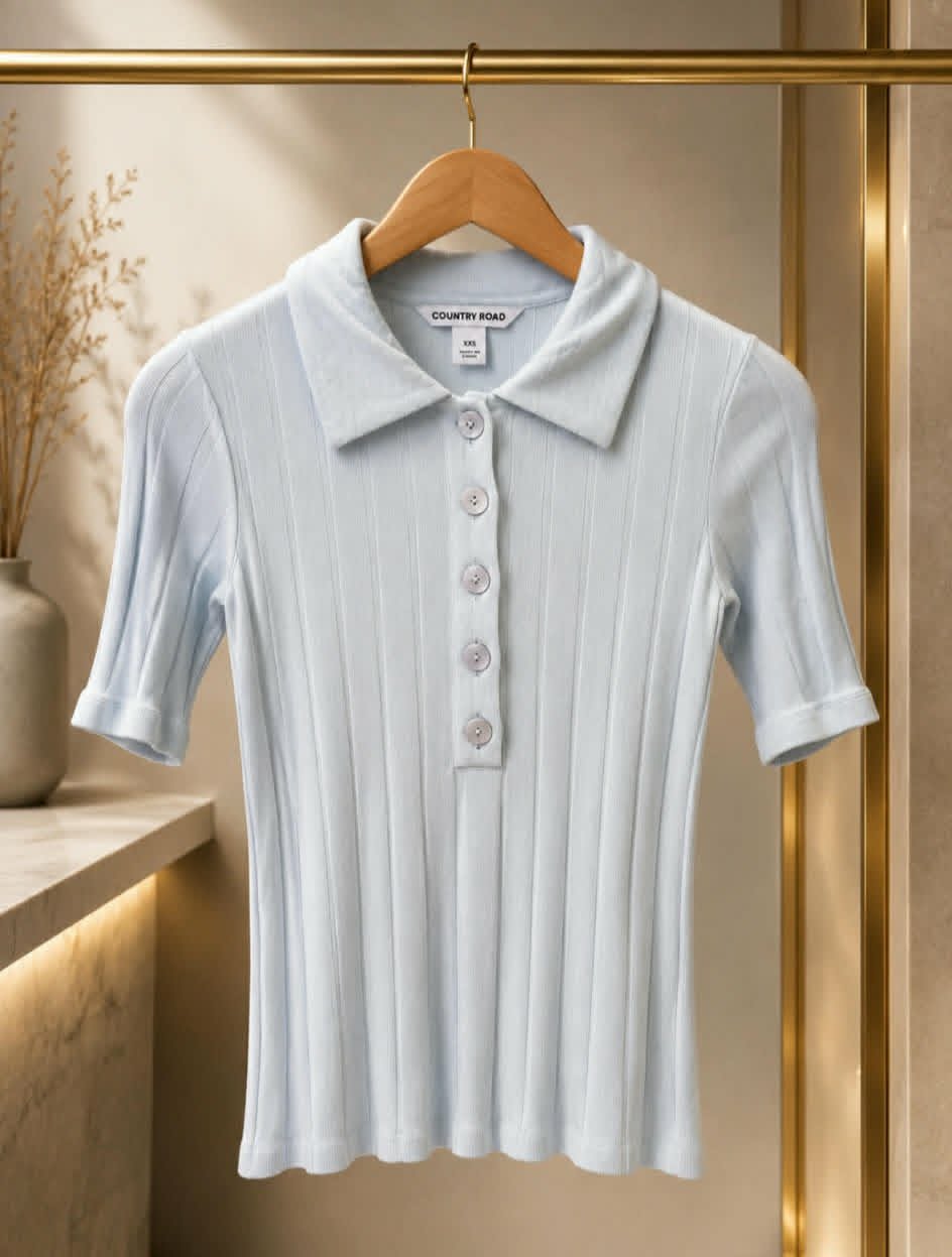 Country Road ribbed polo knit top in sage on hanger