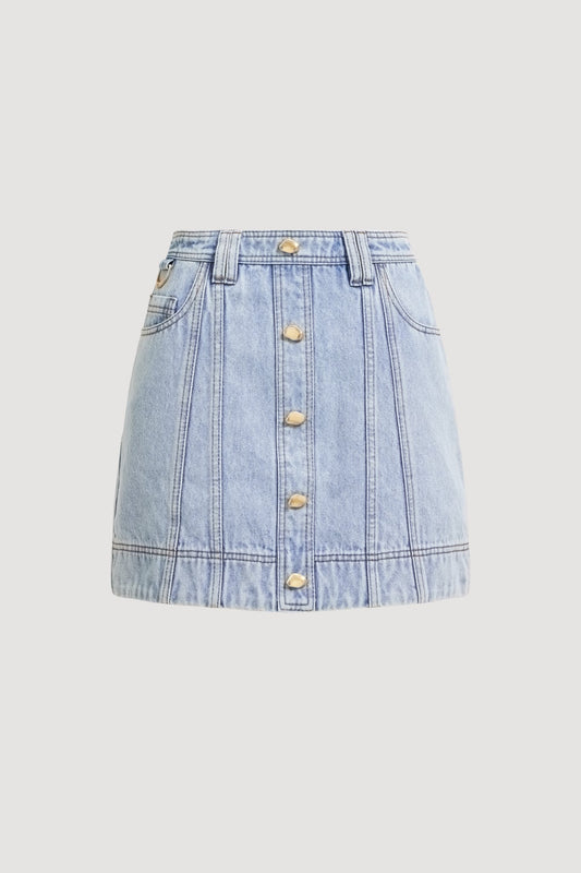 Aje Denim Button-Front Mini Skirt – Light Wash Blue, Size 8