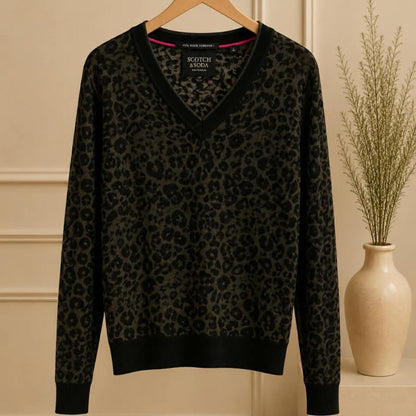 Scotch & Soda Leopard Print V-Neck Knit Sweater — Size M