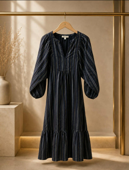 Country Road navy metallic stripe balloon-sleeve midi dress on hanger