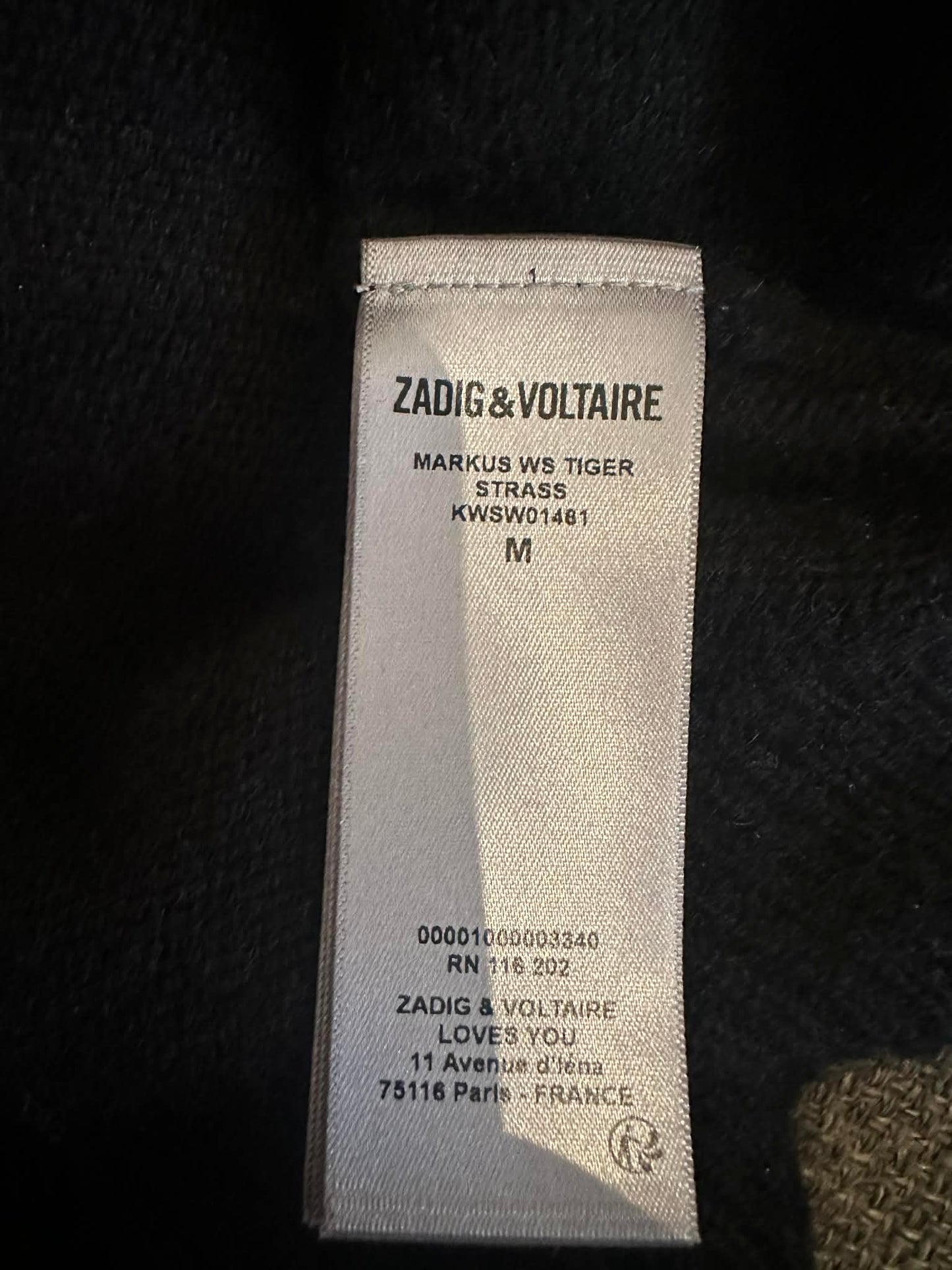 Zadig & Voltaire garment label with style code KWSW01481 size M