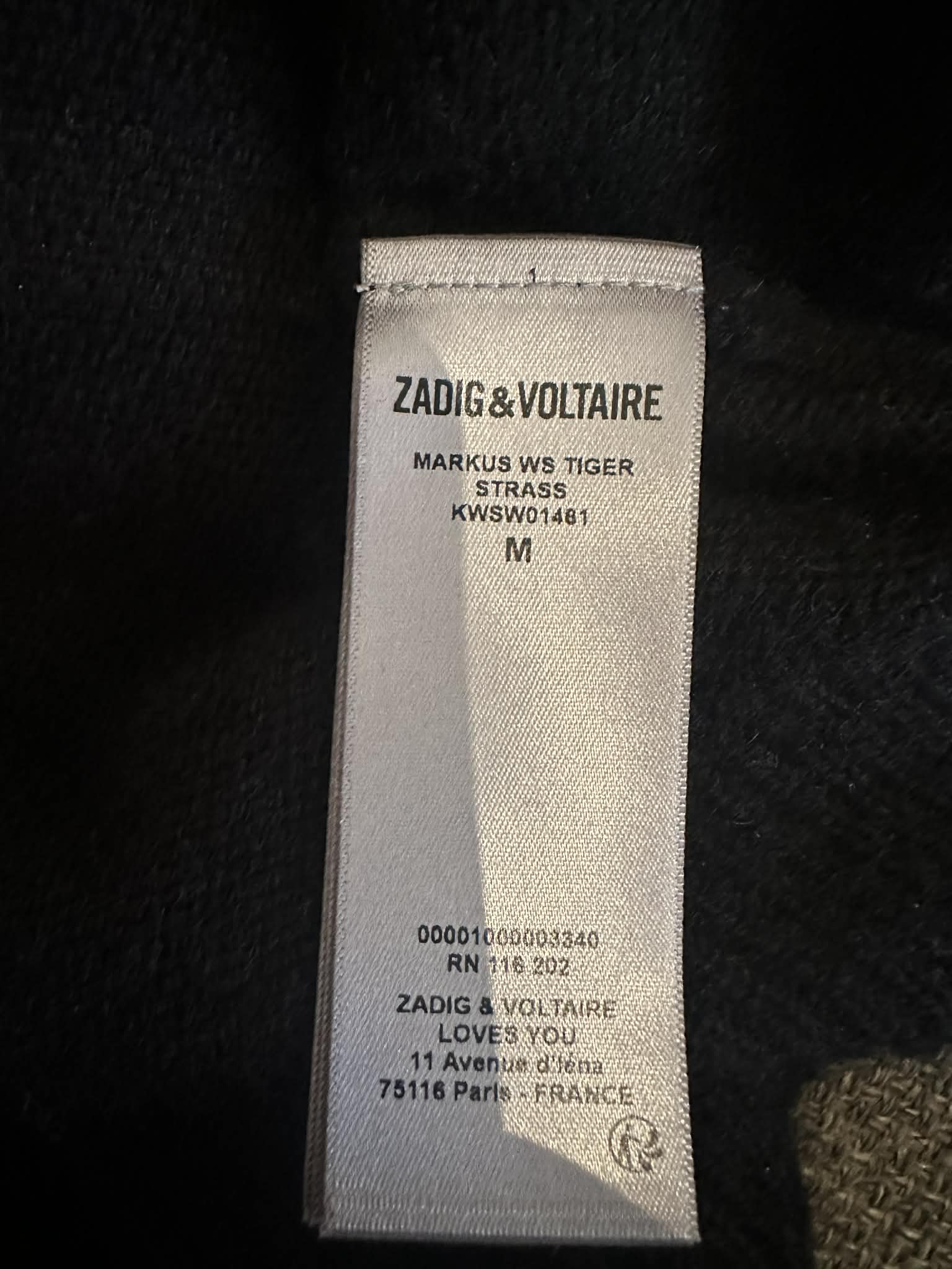 Zadig & Voltaire garment label with style code KWSW01481 size M