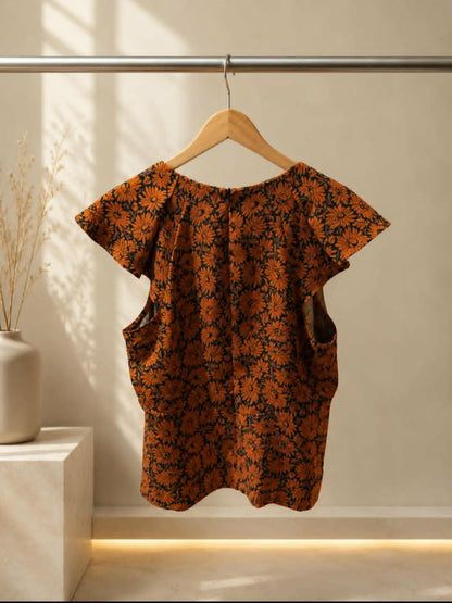 Veronika Maine rust daisy jacquard flutter-sleeve top on hanger