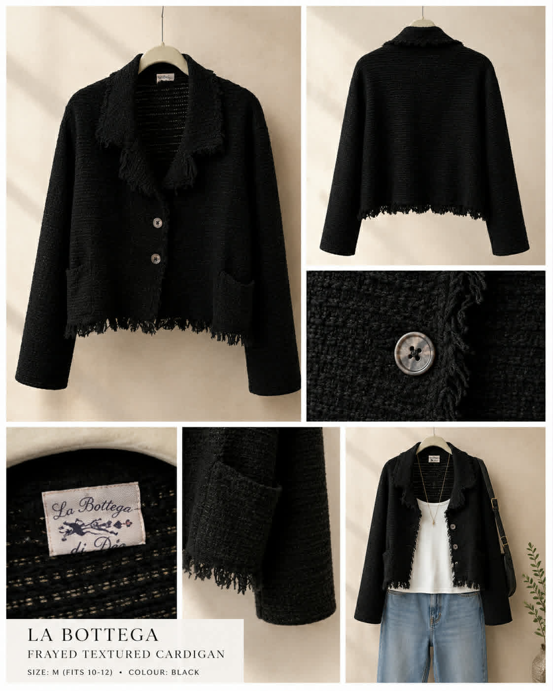 La Bottega di Brunella jacket collage showing details, label, and styled look