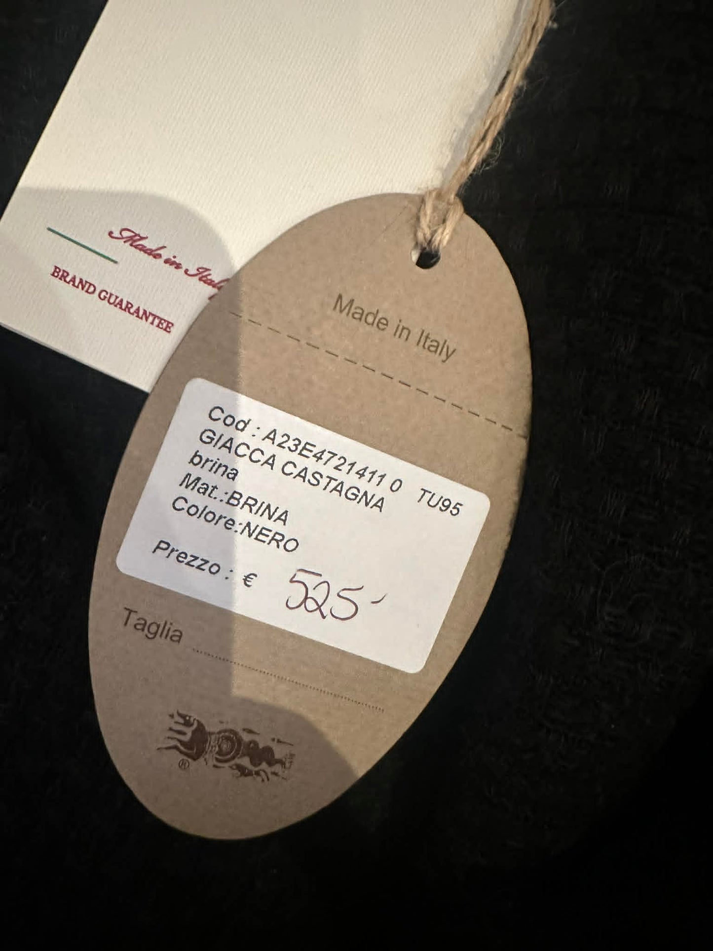 La Bottega di Brunella hang tag back showing style code, material, colour and price