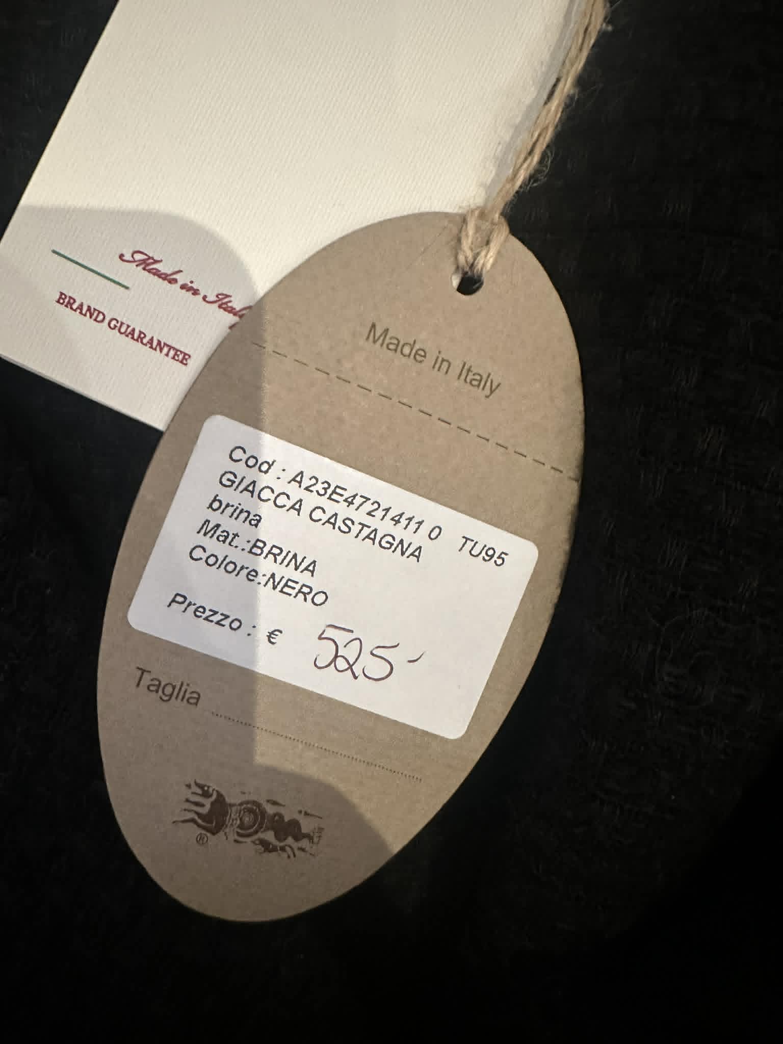 La Bottega di Brunella hang tag back showing style code, material, colour and price