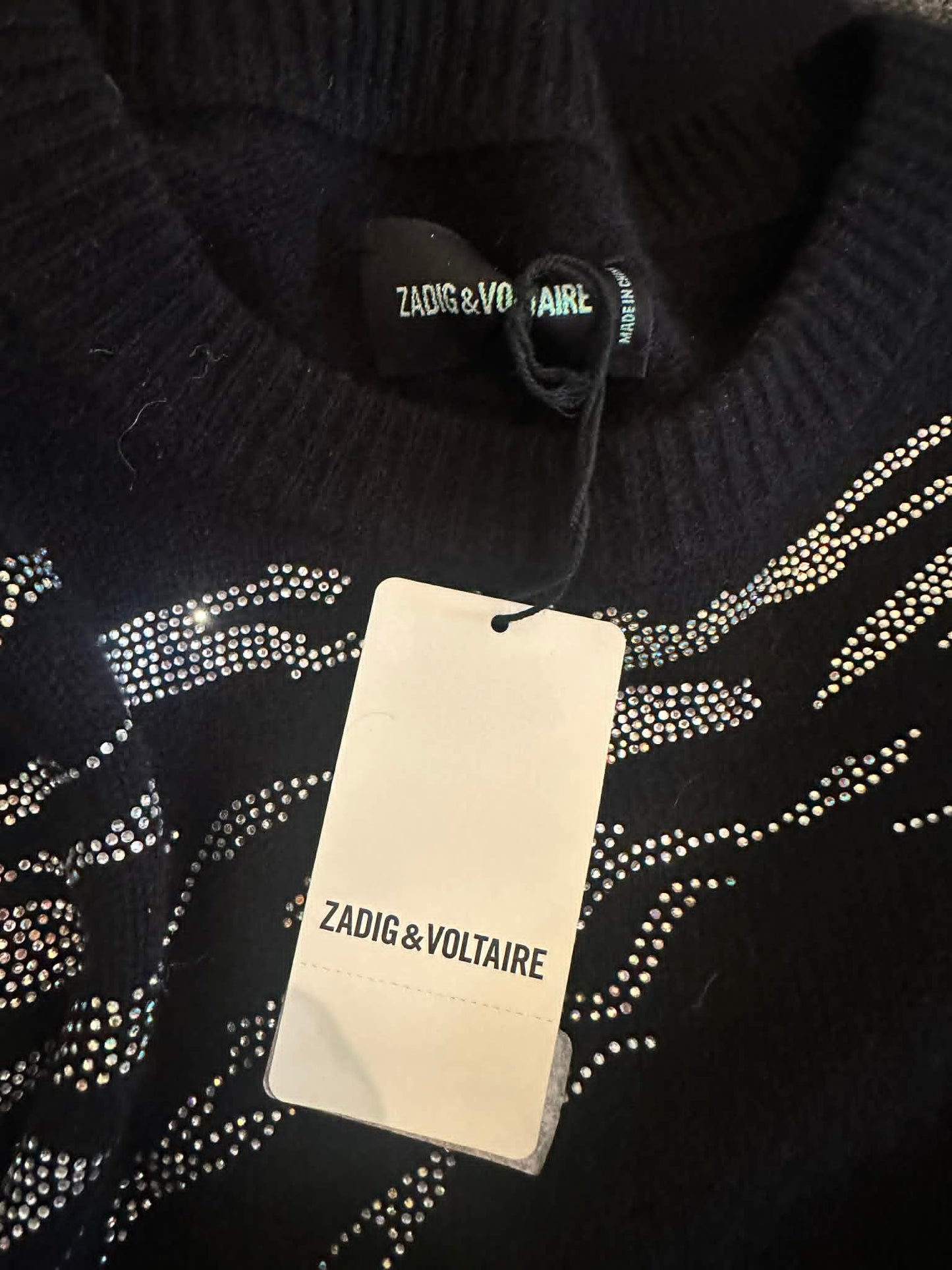 Zadig & Voltaire brand label and strass detail close-up